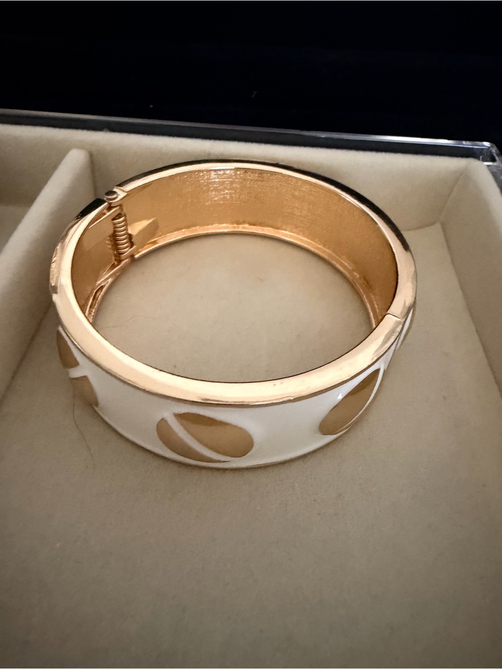 Gold-Tone and White Enamel Polka Dot Hinged Bangle Bracelet